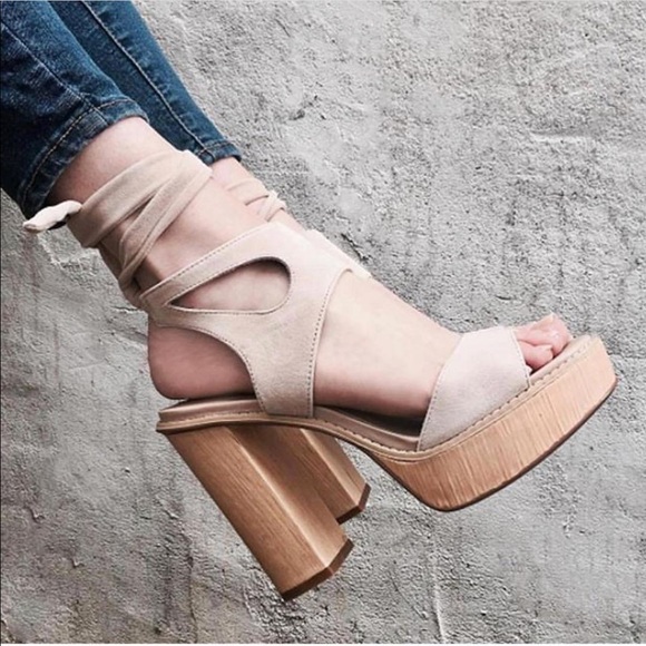 Blush Cream Ankle Wrap Wooden Tower Heel Platform - Picture 2 of 8